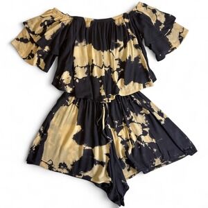 Sage Tie Dye Romper Small Off Shoulder Ruffle Sleeve Boho Flowy Fit